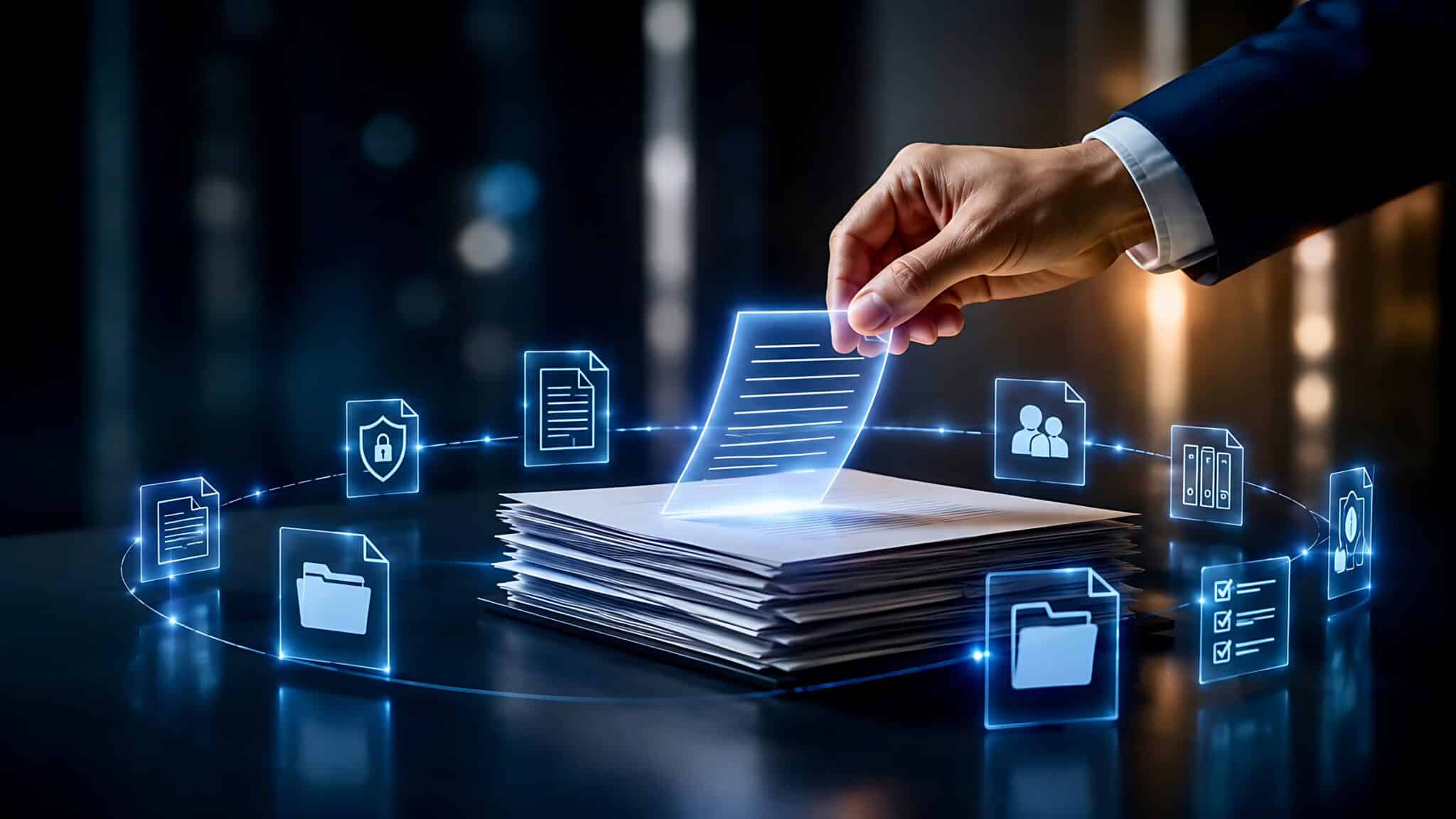 Hand legt ein leuchtendes digitales Dokument auf einen Stapel Papier; darum sind Symbole für Ordner, Sicherheit, Kontakte und Checklisten angeordnet.