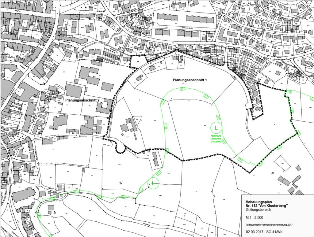 Schwarz-weißer Lageplan mit grün markierter Abgrenzung des Geltungsbereichs am Klosterberg und den Bezeichnungen Planungsabschnitt 1 und 2.