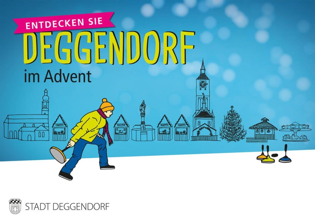 Illustration mit der Aufschrift „Entdecken Sie Deggendorf im Advent“: Eine winterlich gekleidete Person läuft vor einer gezeichneten Stadtansicht mit Rathaus, Weihnachtsbäumen und Eislauffläche.