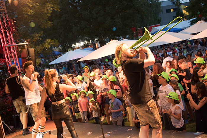 Donaufest 2019 in Deggendorf – Liveauftritt auf der Festbühne Musikerinnen und Musiker treten auf einer beleuchteten Bühne vor dichtem Publikum beim Donaufest 2019 in Deggendorf auf.