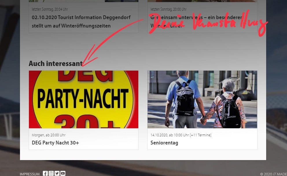 Ausschnitt einer Veranstaltungsübersicht mit den Einträgen „DEG Party Nacht 30+“ und „Seniorentag“; darüber ist handschriftlich in Rot „Viel Spaß“ notiert.