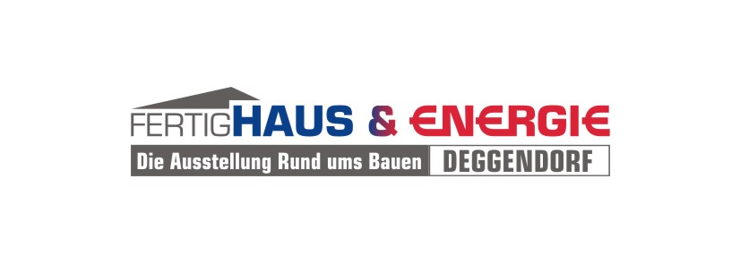 Logo der Ausstellung „FertigHaus & Energie“ in Deggendorf mit dem Zusatz „Die Ausstellung rund ums Bauen“.
