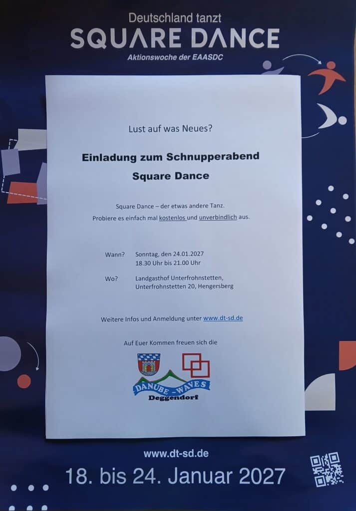 Plakat für einen Square-Dance-Schnupperabend in Deggendorf vom 18. bis 24. Januar 2027 mit dem Motto „Deutschland tanzt“