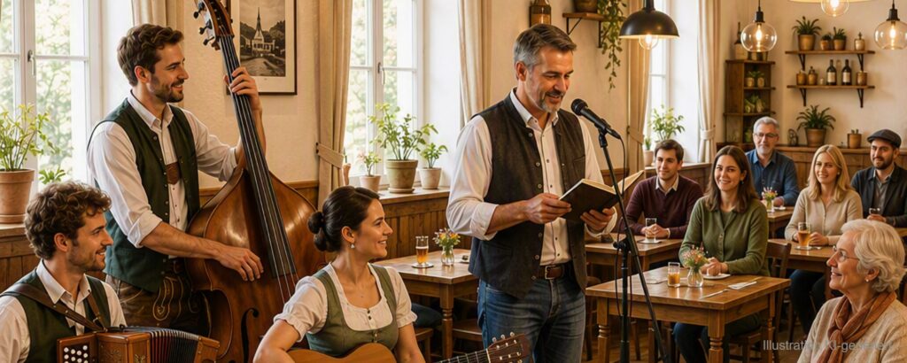 Musikerinnen und Musiker spielen in einem Wirtshaus, während ein Mann am Mikrofon aus einem Buch vorliest.