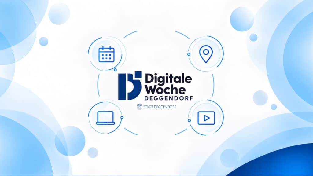 Logo der Digitalen Woche Deggendorf mit Symbolen für Kalender, Standort, Laptop und Video