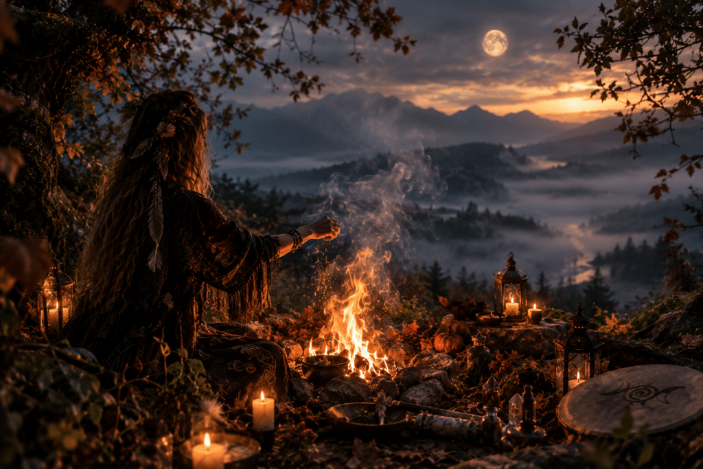 Person mit langen Haaren sitzt bei einem brennenden Lagerfeuer in einer herbstlichen Waldlandschaft; im Hintergrund sind Berge, Nebel und ein Vollmond zu sehen.