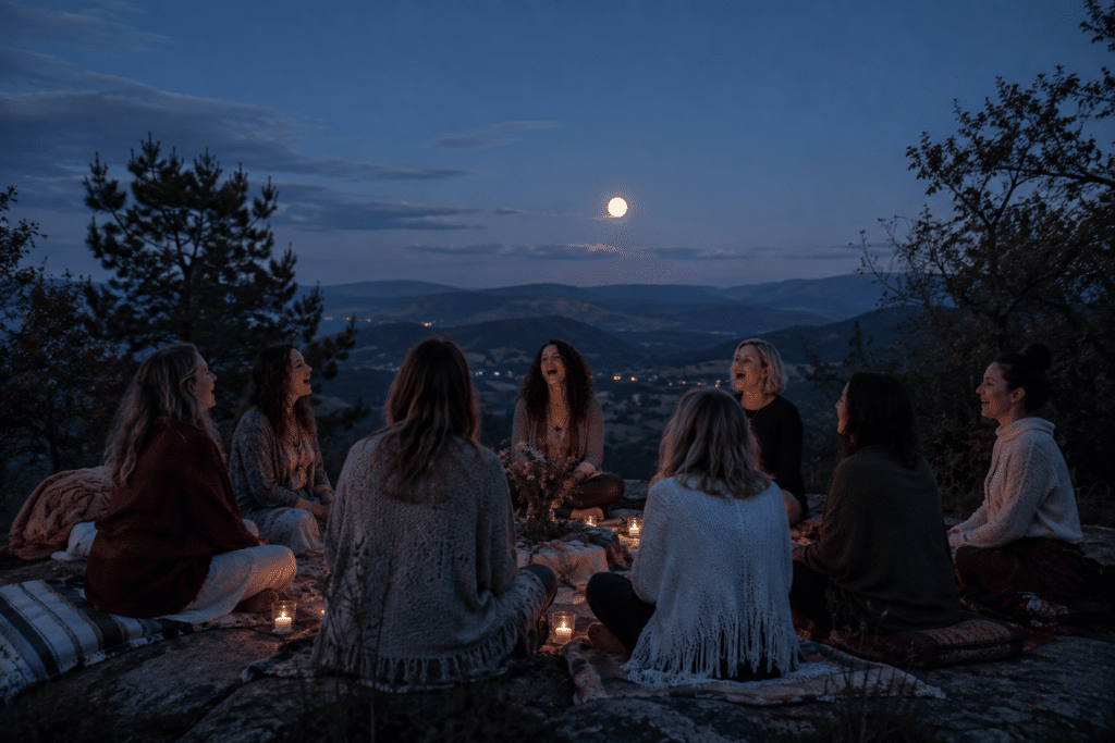 Gruppe von Frauen sitzt bei Kerzenlicht auf einer Anhöhe und blickt bei Vollmond über eine Landschaft.