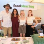 Vier Menschen stehen vor einem Foodsharing-Banner an einem Infostand mit geretteten Lebensmitteln.
