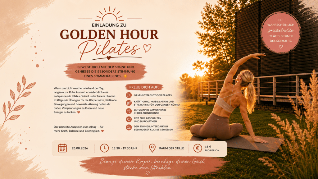 Einladung zu einer Golden-Hour-Pilates-Veranstaltung mit einer Pilates-Übung im Abendlicht