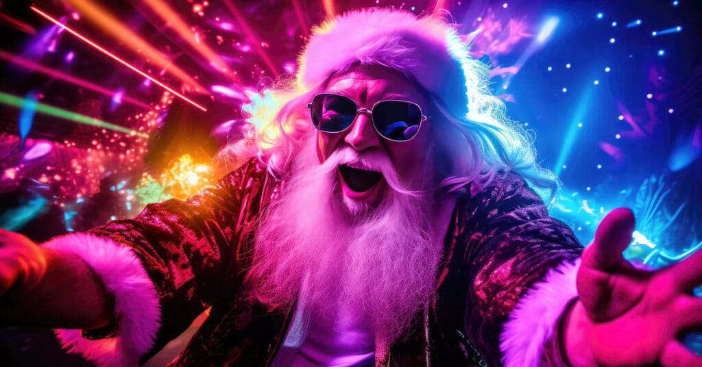 Weihnachtsmann mit weißem Bart, Sonnenbrille und rotem Mantel vor farbiger Bühnenbeleuchtung