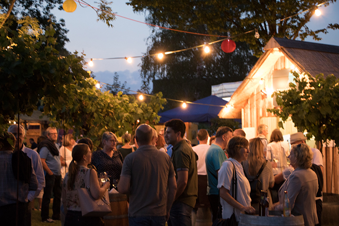 Donaufest 2019 in Deggendorf – Abendveranstaltung im Freien Dicht gedrängte Besucherinnen und Besucher stehen abends bei einer Veranstaltung im Freien unter Lichterketten neben einem beleuchteten Holzgebäude.