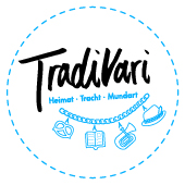 Rundes TradiVari-Logo mit Schriftzug, blauem Kreis und Symbolen für Heimat, Tracht und Mundart
