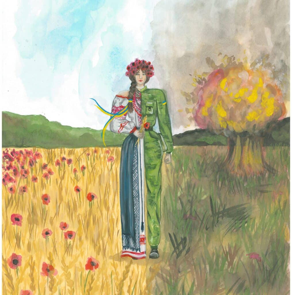 Gemaltes Bild einer traditionell gekleideten Person zwischen einem Mohnfeld und einem herbstlichen Baum in einer Landschaft