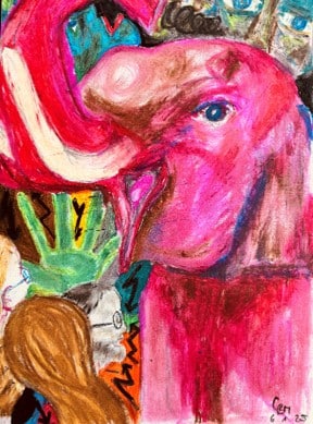 Bunte Kinderzeichnung eines rosaroten Elefanten mit blauem Auge, grüner Hand und zwei weiteren Figuren