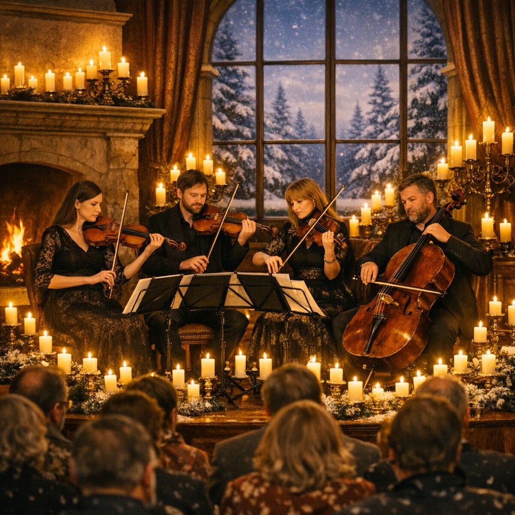 Vier Musikerinnen und Musiker spielen in einem festlich mit Kerzen geschmückten Saal vor Publikum ein klassisches Konzert; durch das Fenster ist eine verschneite Winterlandschaft zu sehen.