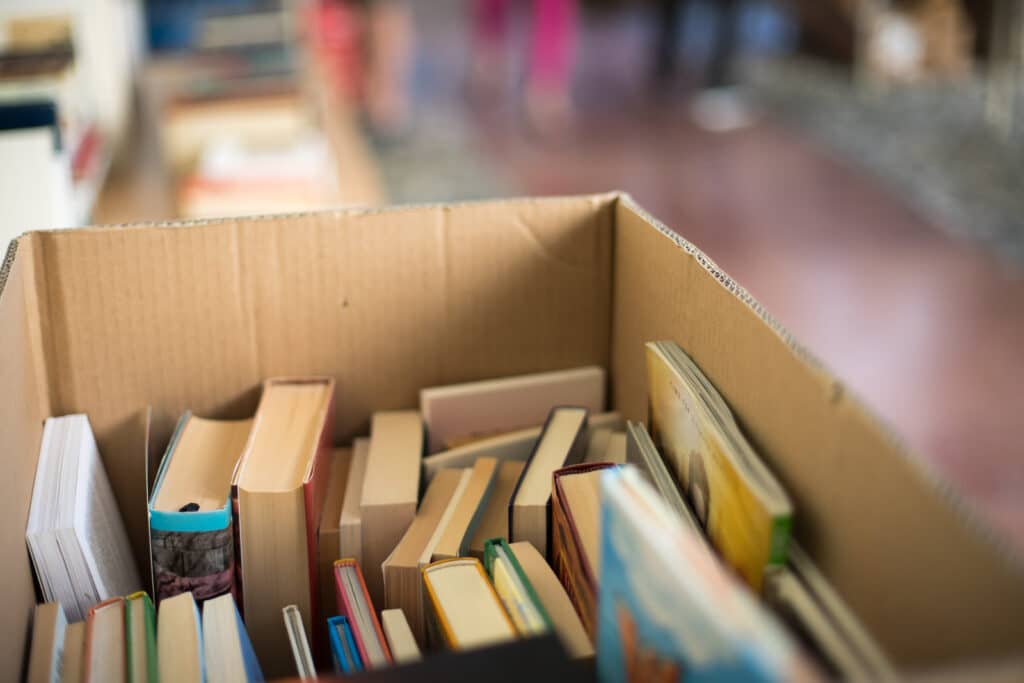Geöffneter Karton mit gebrauchten Büchern bei einem Bücherflohmarkt; im Hintergrund sind unscharf weitere Verkaufsstände zu sehen.