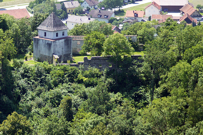 Bewaldete Burgruine Natternberg mit einem markanten Wehrturm; dahinter sind Häuser des Ortes zu sehen.
