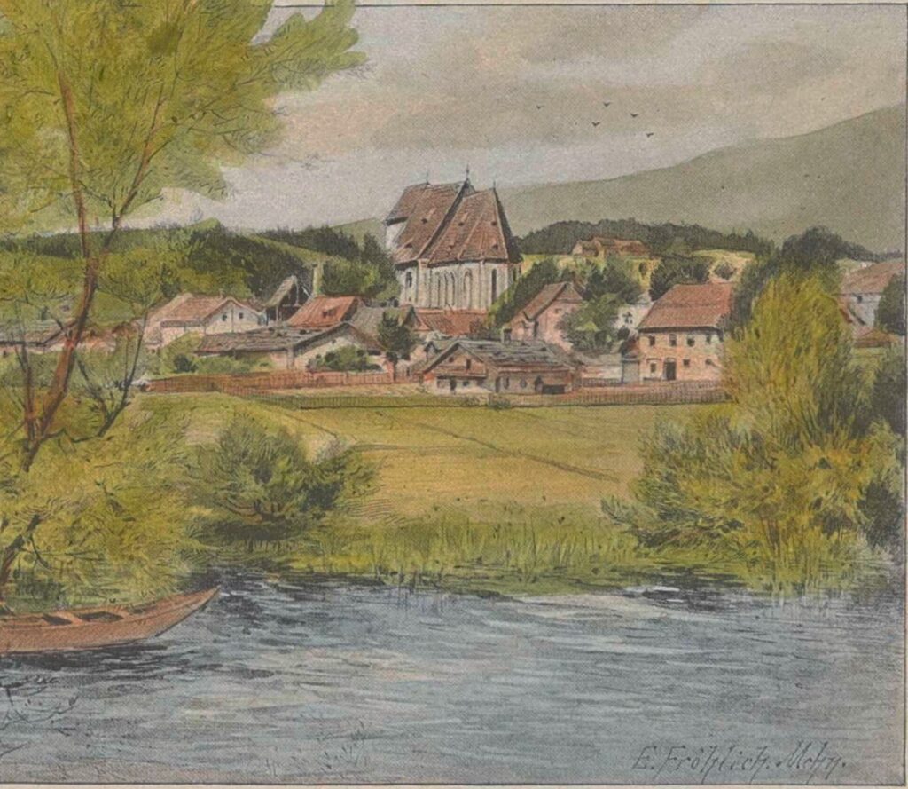Historische Ansicht von Schaching an der Donau Historische Landschaftsansicht von Schaching mit Kirche, Häusern, Donau und einem Boot im Vordergrund