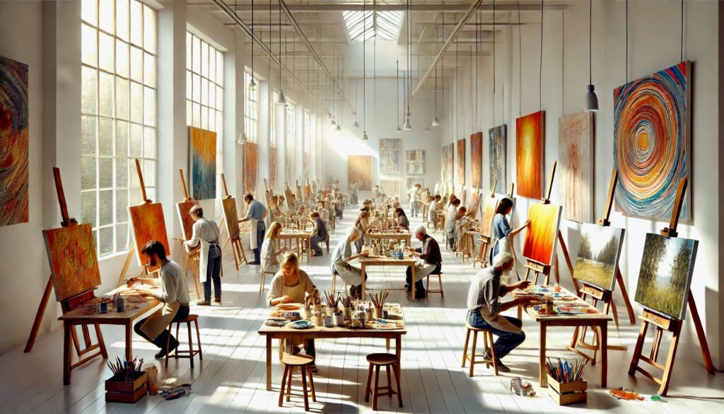 Helles Atelier mit zahlreichen Malerinnen und Malern, Staffeleien, Gemälden und Arbeitstischen.