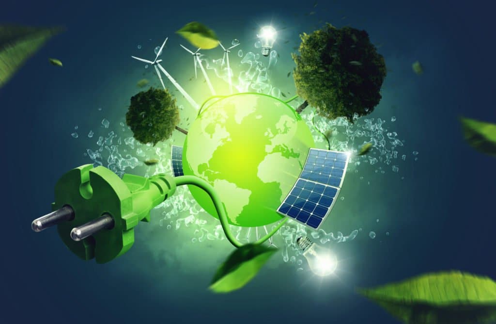 Leben, Umwelt, Natur und Energie in Deggendorf Leuchtende grüne Erde mit Windrädern, Solarmodul, Bäumen und grünem Netzstecker als Symbol für erneuerbare Energie und Umweltschutz