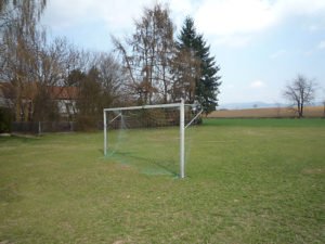 Leeres Fußballtor auf einem grünen Bolzplatz in Rettenbach; dahinter stehen Bäume, Häuser und Felder.