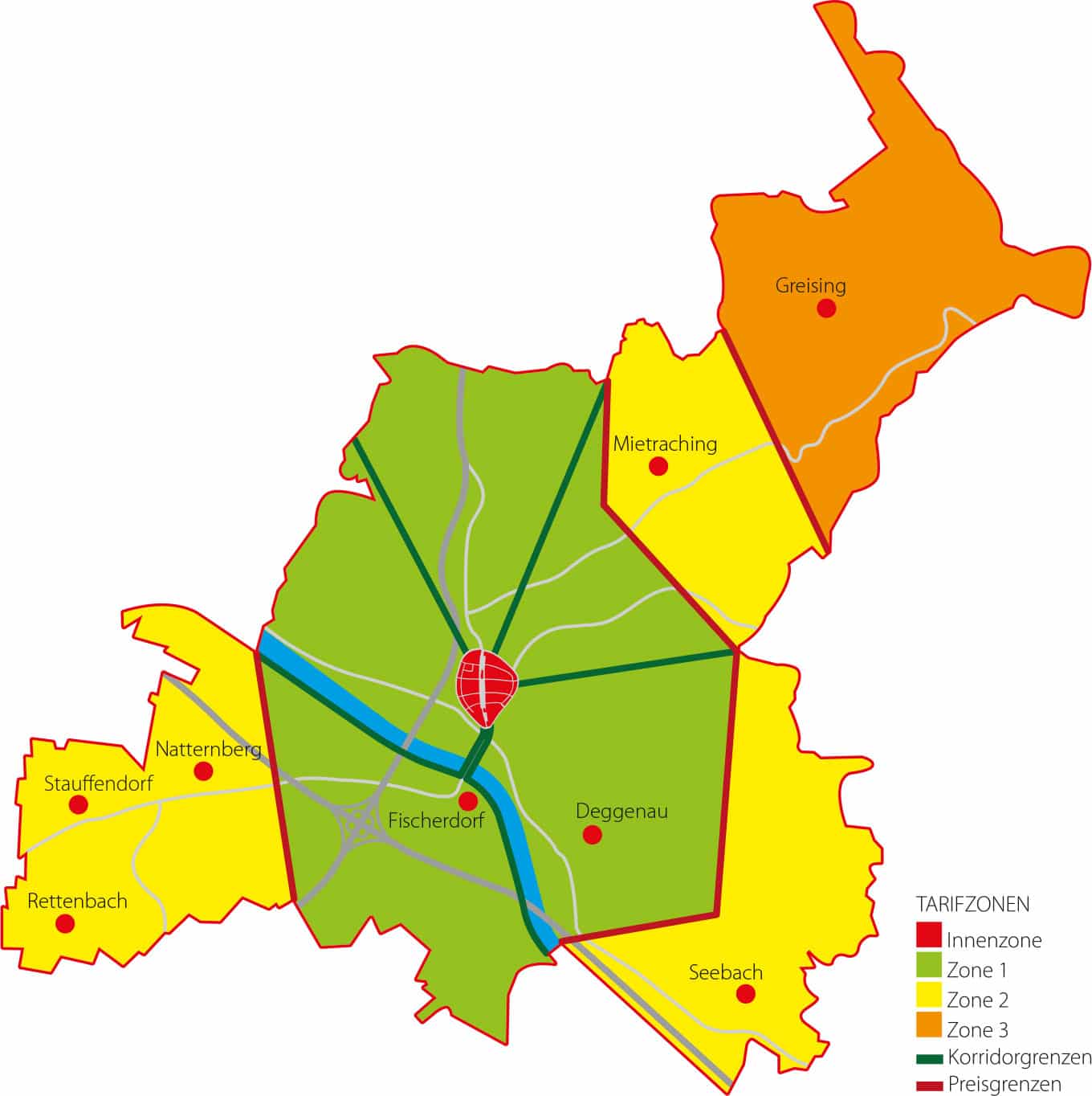 Karte der AST-Tarifzonen in Deggendorf mit Innenzone, Zonen 1 bis 3 und eingezeichneten Korridorgrenzen