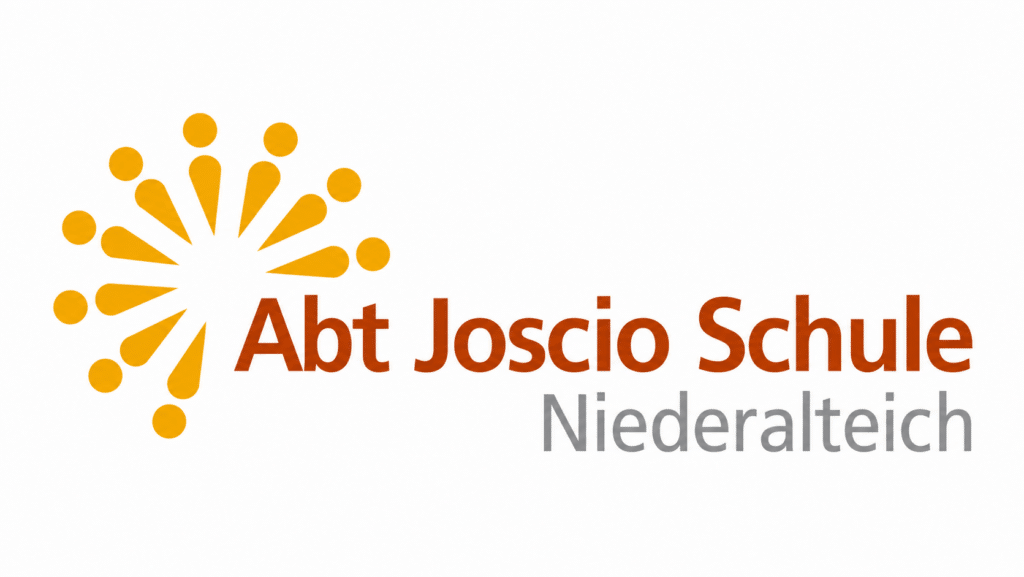 Logo der Abt-Joscio-Schule Niederalteich mit orangefarbenem Schriftzug und stilisiertem Sonnensymbol