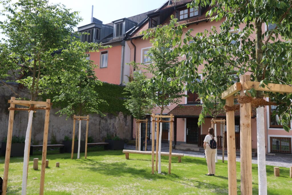 Begrünter Innenhof mit jungen Bäumen, Sitzbank und einem rosafarbenen Gebäude mit Eingang