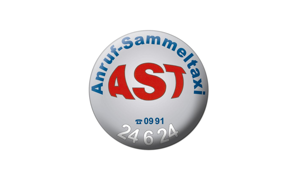 Rundes Logo mit rotem Schriftzug „AST“, blauem Text „Anruf-Sammeltaxi“ und der Telefonnummer 0991 24624.