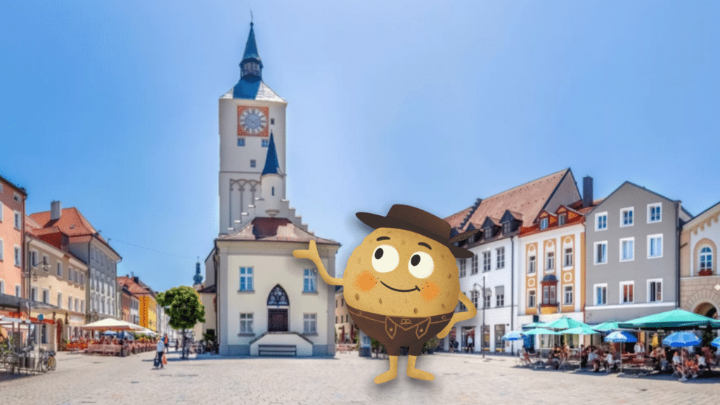 Illustriertes Maskottchen mit Hut und Halstuch steht vor dem historischen Rathaus und Stadtplatz in Deggendorf.
