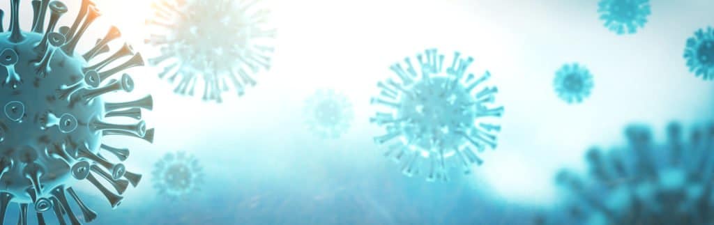 Illustration mehrerer Coronavirus-Partikel in Blau- und Türkistönen