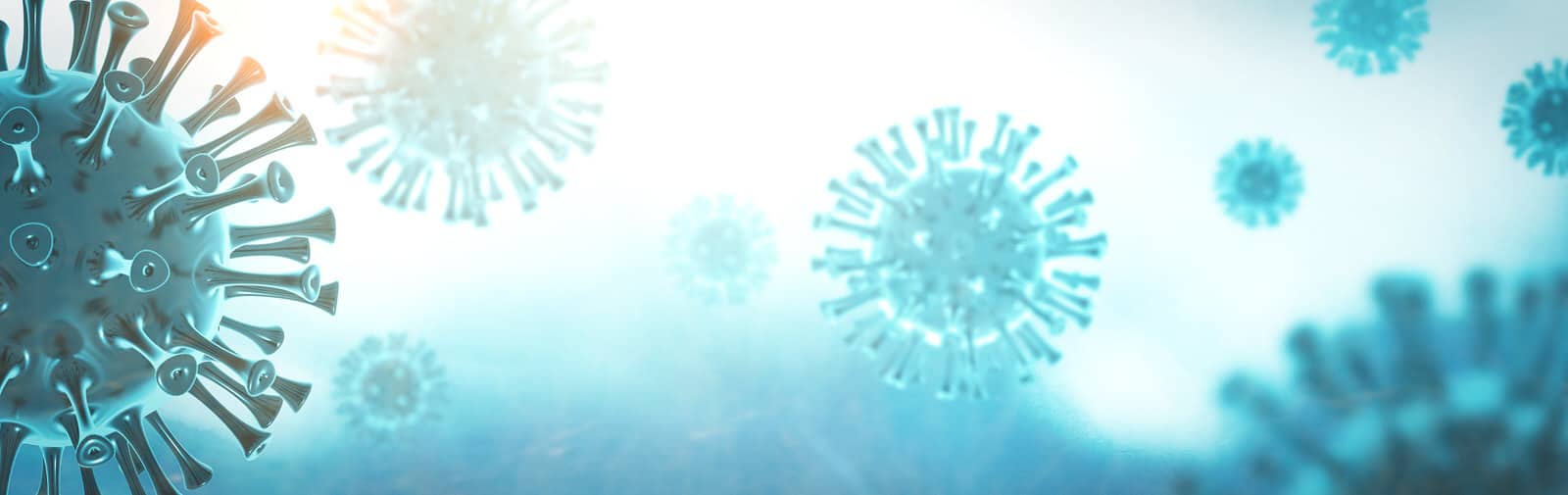 Illustration mehrerer Coronavirus-Partikel in Blau- und Türkistönen