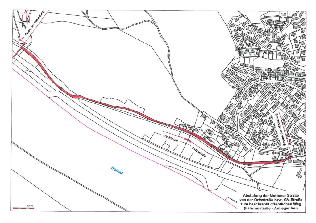 Karte mit der geplanten Fahrradstraße entlang der Neusiedler Straße in Deggendorf; die Strecke ist rot markiert.