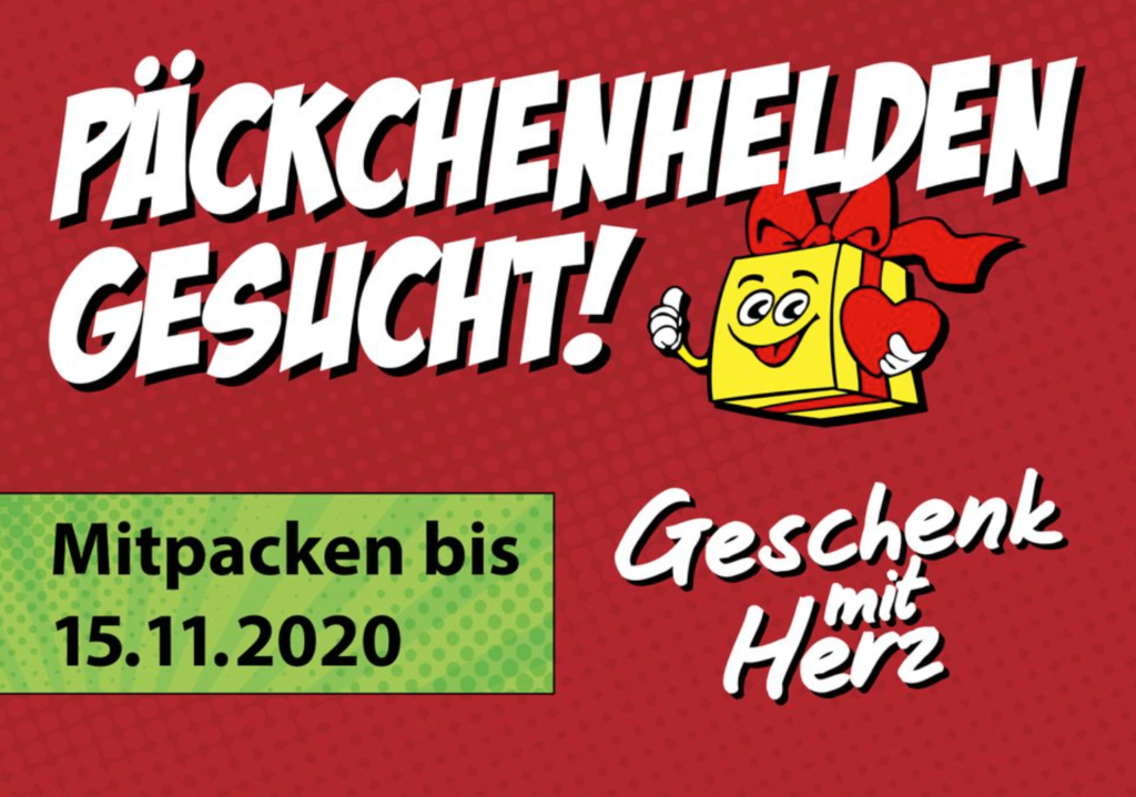 Rotes Aktionsmotiv mit der Aufschrift „Päckchenhelden gesucht!“ und einer gelben, weihnachtlich gekleideten Geschenkfigur; Teilnahme bis 15. November 2020.