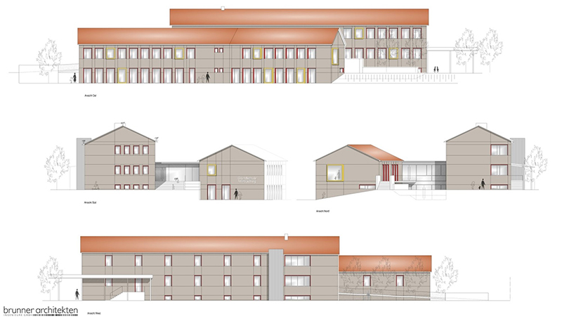 Architekturzeichnung mit Ansichten eines geplanten mehrgeschossigen Gebäudekomplexes und dem Logo „brunner architekten“