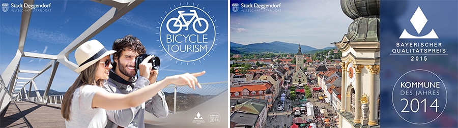 Kombination aus einem Rad fahrenden Touristenpaar, einer Luftaufnahme der Deggendorfer Altstadt und dem Siegel „Bayerischer Qualitätspreis 2014 – Kommune des Jahres 2014“.
