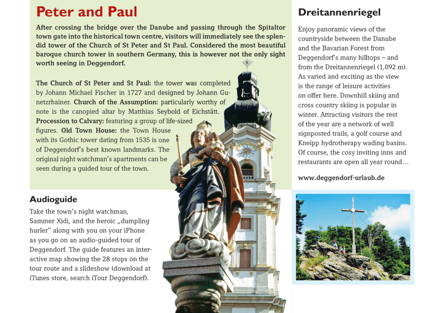 Collage mit einer Statue vor dem Turm der Stadtpfarrkirche St. Peter und Paul sowie einer Bergkapelle mit Gipfelkreuz