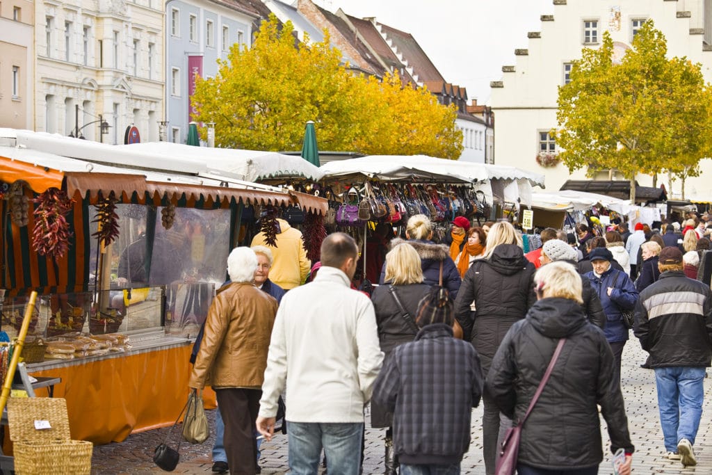 Belebter Markt mit Verkaufsständen, herbstlichen Bäumen und zahlreichen Besucherinnen und Besuchern in der Deggendorfer Innenstadt