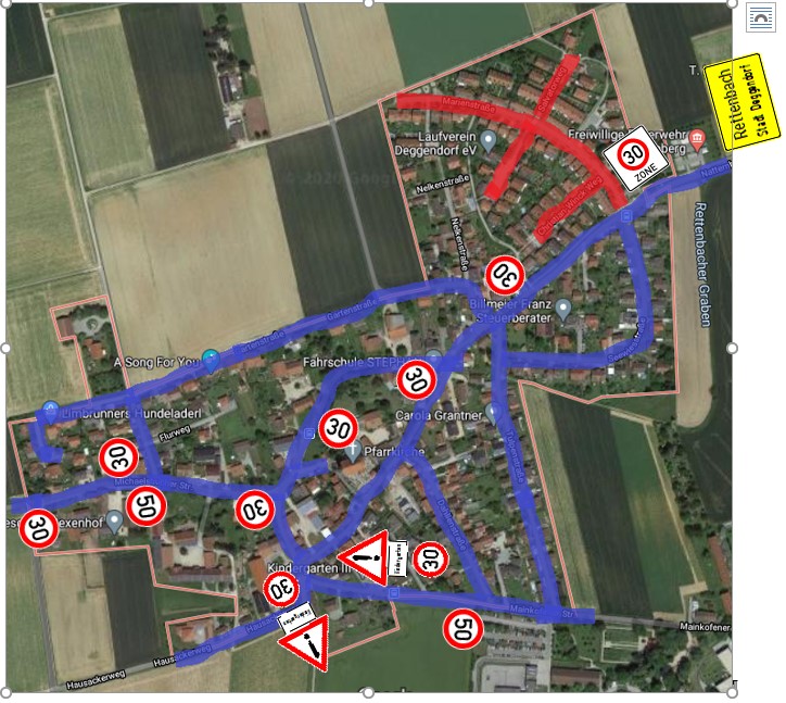Luftbildkarte von Rettenbach mit blau markierten Fahrstrecken sowie eingezeichneten Geschwindigkeitsbegrenzungen und Verkehrsschildern