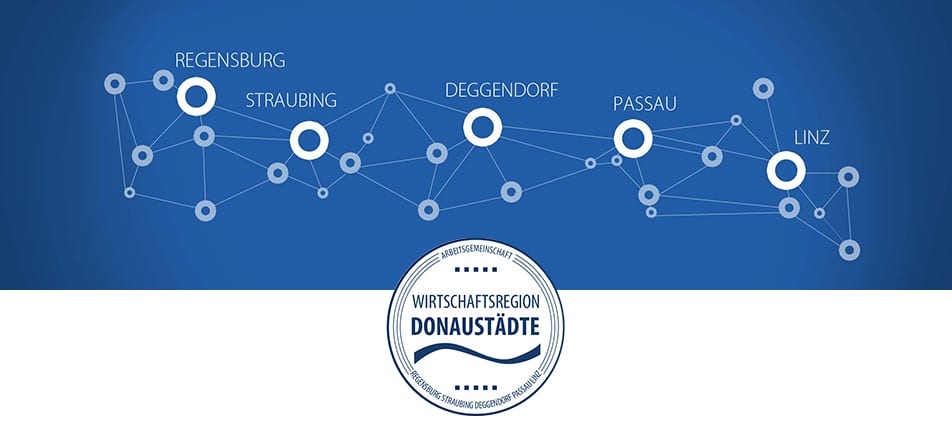 Blau-weiße Netzwerkgrafik der Wirtschaftsregion Donau-Städte mit den Städten Regensburg, Straubing, Deggendorf, Passau und Linz sowie einem Regionssiegel