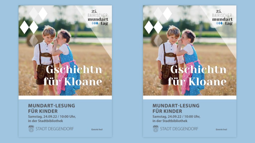 Zwei Kinder stehen auf einer Wiese; darüber steht „Gschichtn für Kloane“, auf dem Plakat ist eine Mundart-Lesung für Kinder angekündigt.