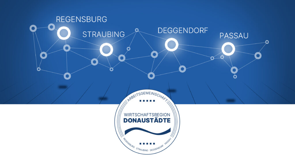 Blaues Netzwerkdiagramm mit den Städten Regensburg, Straubing, Deggendorf und Passau sowie dem Logo der Wirtschaftsregion Donaustädte