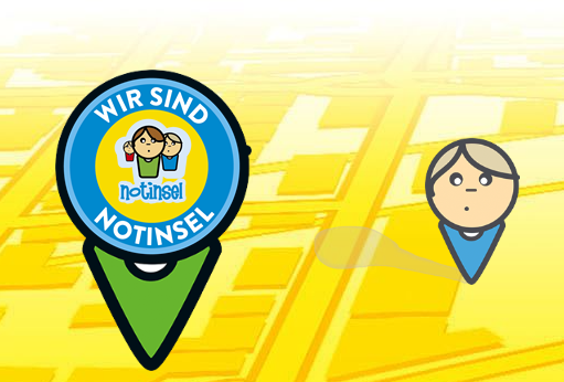 Notinsel-Logo mit zwei Kindern und Standortmarkierung auf einer stilisierten gelben Stadtkarte