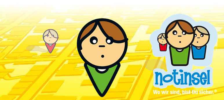 Notinsel – Schutz für Kinder im öffentlichen Raum Illustration eines Kindes mit Notinsel-Symbol vor einer gelben Stadtkarte; rechts das Notinsel-Logo mit drei Personen und dem Slogan „Wo wir sind, bist Du sicher.“