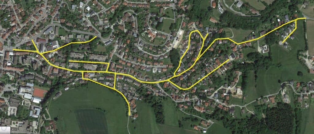 Karte der Tempo-30-Zone in Stadt Aue Luftbildkarte mit gelb markierten Straßen und Bereichen einer Tempo-30-Zone in Stadt Aue.