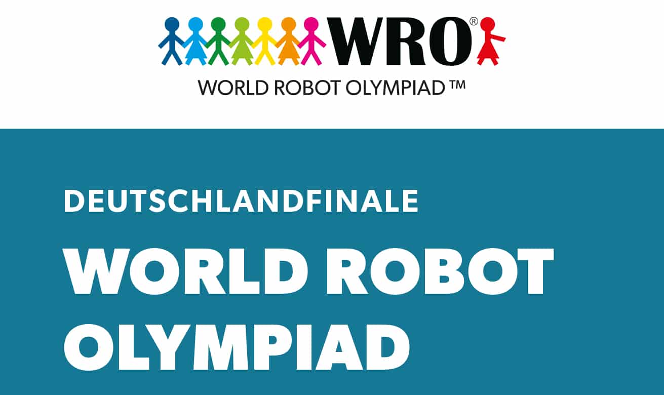 Logo der World Robot Olympiad und Schriftzug „Deutschlandfinale – World Robot Olympiad“ auf türkisfarbenem Hintergrund