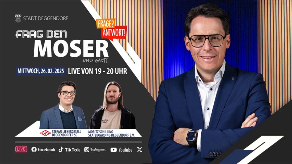 Frage den Moser – Live vom 26. Februar 2025 Moderator im blauen Anzug mit verschränkten Armen neben dem Veranstaltungstitel „Frage den Moser“ und Hinweisen auf den Livestream am Mittwoch, 26. Februar 2025.