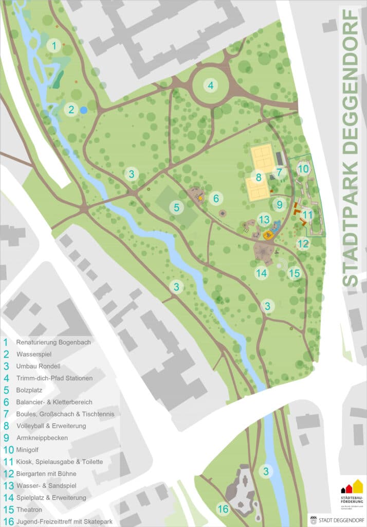 Illustrierter Übersichtsplan des Stadtparks Deggendorf mit Wegen, Bachlauf, Grünflächen und nummerierten Parkbereichen.