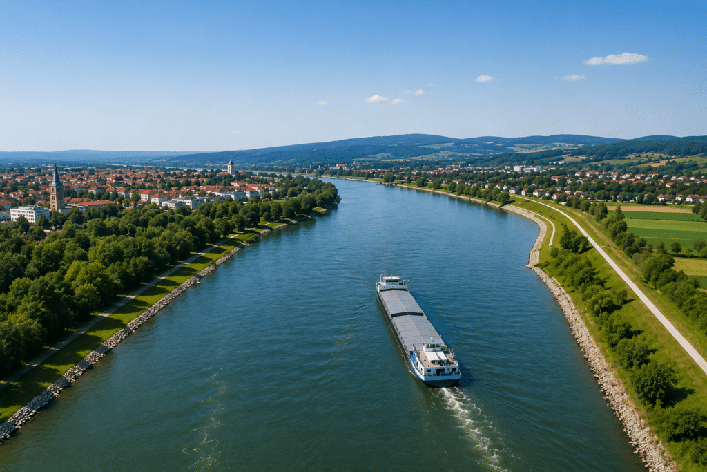 Luftaufnahme der Donau bei Deggendorf mit einem Frachtschiff, Uferwegen, Feldern und der Stadt im Hintergrund