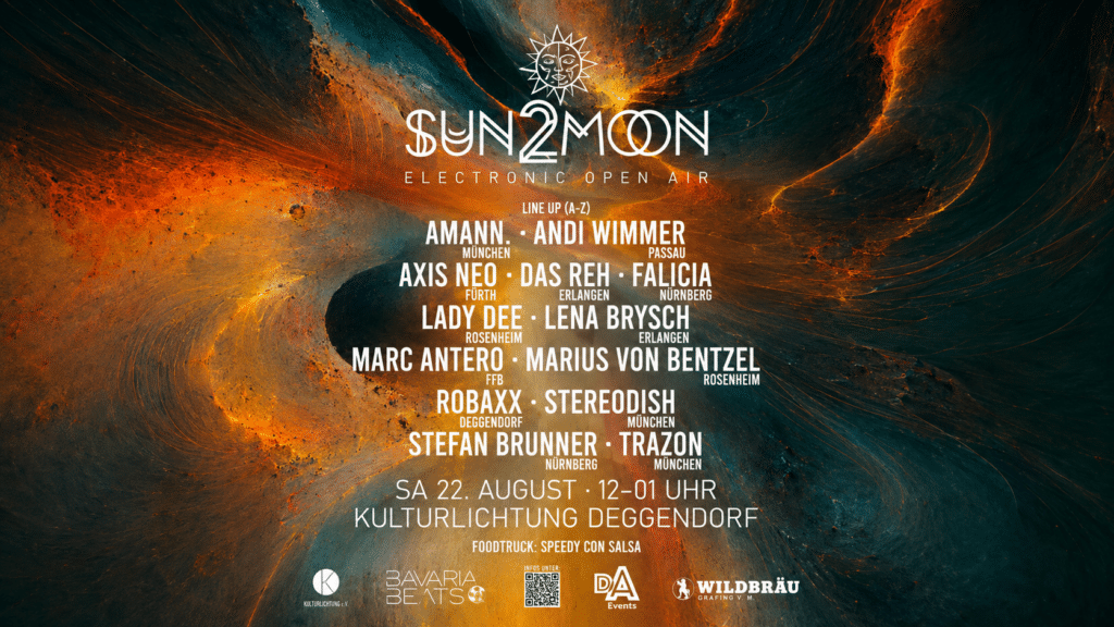 Dunkles, abstraktes Festivalplakat mit orange-blauem Wirbelhintergrund, dem Schriftzug „Sun and Moon“ und einer Liste elektronischer Musikacts.